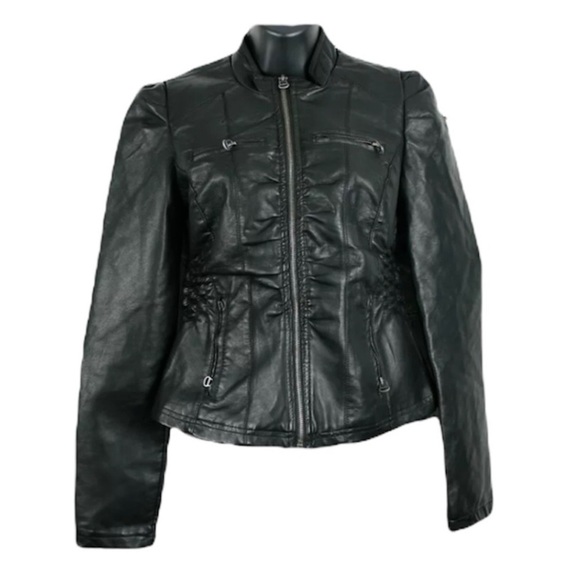 ASOS - NEW LOOK - Faux Leather Puff Sleeve Zip Jacket with Stretch Bodice - Picture 5 of 13